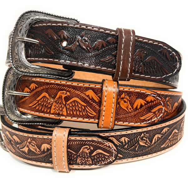 Kids Western Leather Belt. Eagle and Horse Decorated Heavy Duty Little Cowboy Rodeo Belt.