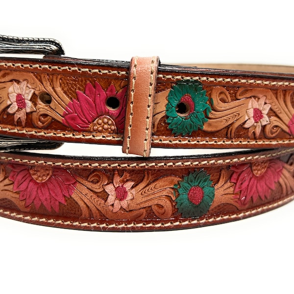 Kids Sunflower Western Leather Belt. Girls Floral Decorated Cowboy Cowgirl Rodeo Belt.