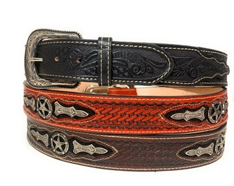 1 3/4 " Wide Genuine Leather Western Style Leather Belt, Cowboy Rodeo Concho Ranger Style Belt