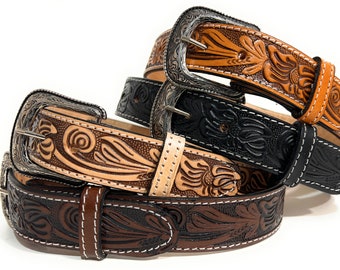 Kids Western Leather Belt. Tulip Decorated Heavy Duty Little Cowboy Rodeo Belt.