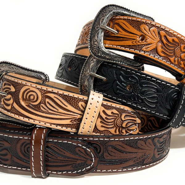 Kids Western Leather Belt. Tulip Decorated Heavy Duty Little Cowboy Rodeo Belt.