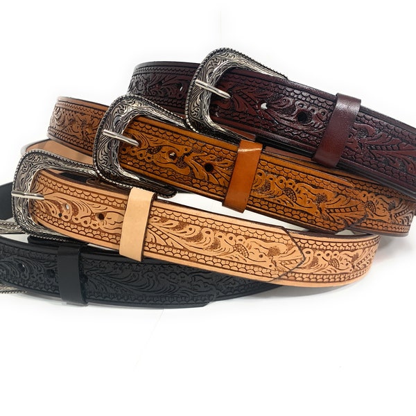 Tulip Embossed Genuine Leather Casual or Work Belt, Western Style Leather Belt