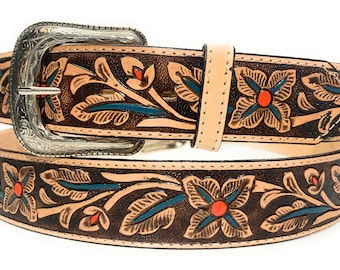 Genuine Leather Floral Design Western Leather Belt,Cowboy Rodeo Belt