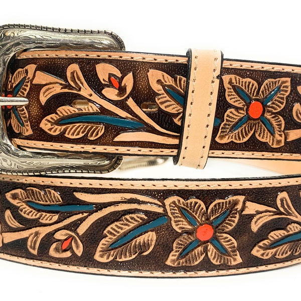 Genuine Leather Floral Design Western Leather Belt,Cowboy Rodeo Belt