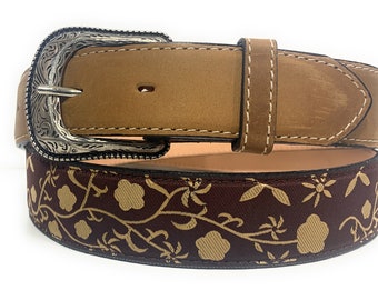 Women's Floral Embroidered Western Leather Belt, Brown Cowboy Rodeo Belt