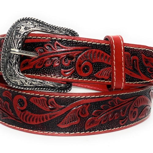 Red Western Leather Belt. Women's Tulip Embossed Rodeo - Etsy