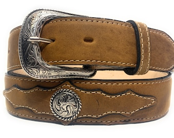 Men's Genuine Leather Concho Western Style Belt, Concho Decorated Cowboy Rodeo Belt. Cinto Vaquero