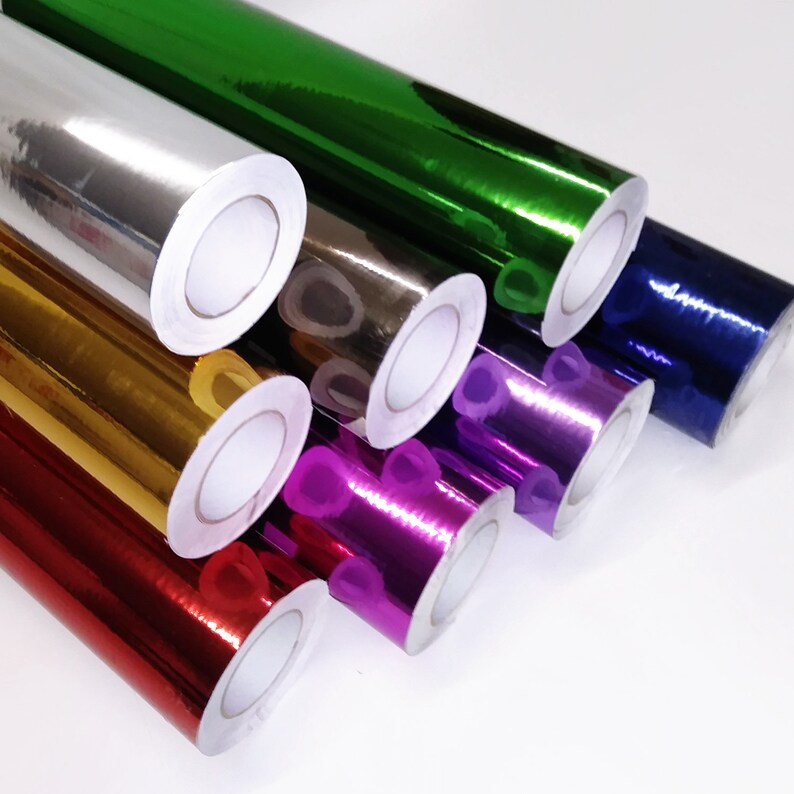 8 rolls of 12 x 5 feet ea Chrome Mirror Self adhesive vinyl Metallic your choice of 8 colors Most Popular 8 colors available
