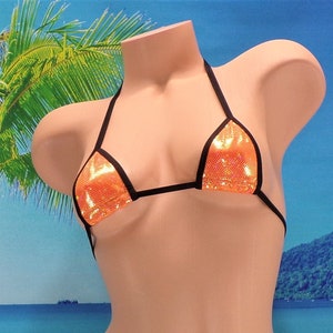Mini Micro Thong Bikini- Orange Shattered Glass Holographic- Black Trim  S/M