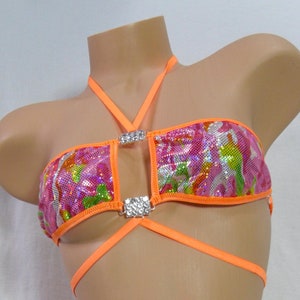 Princess Bandeau Extended Triangle Back Thong- Pink, Green & Yellow Holographic Camo- Orange Trim-S/M