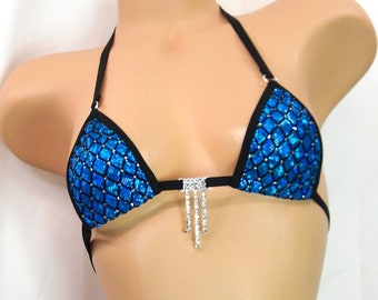 Micro Bikini-Choice of Bottom- Blue Shattered Glass Holographic with Velvet Diamond Flocking with Black Trim and a Rhinestone