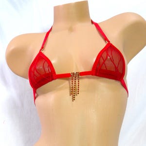 Mini Micro G-String Bikini-Red Mesh with Red Trim-Rhinestones- S/M