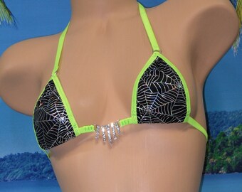 Micro Bikini with Choice of Bottoms-Black Light Reactive- Silver Spiderweb on Black with Neon Green Trim- S/M