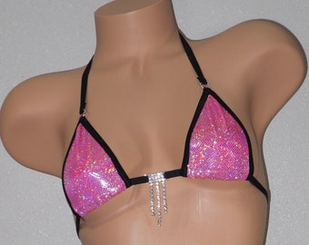 Micro Thong Bikini- Pink Holographic w/Black Trim- S/M