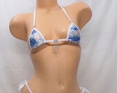 Mini Micro Bikini with Side Tie G-String and RHINESTONES Cloud Holographic with White trim S M