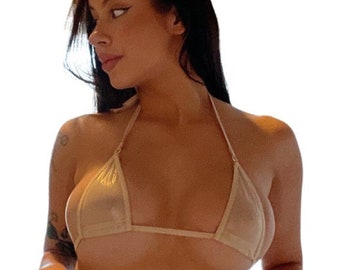 Micro G-string Bikini- Metallic Nude Mesh trimmed in Tan- Totally See-through  S/M