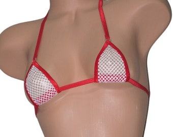 Mini Micro Bikini- G-String- White Athletic Mesh trimmed in Red  S/M