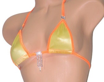Micro Bikini w/RHINESTONES! G-String-  Gold Finch Yellow with Neon Orange Trim S/M