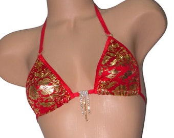 Princess Bikini- Choice of Bottom- Gold Brocade on Red with Red Trim and Rhinestones