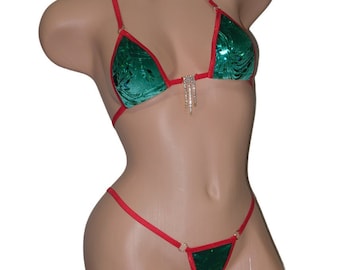 Micro G-string Bikini- Green Velvet with Metallic Green Foil Design trimmed in Red with a Rhinestone  S/M