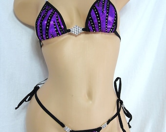 Micro Bikini w/Rhinestones-CHOICE of G-String- Purple holographic with black velvet flocking and glitter dots with black trim s/m