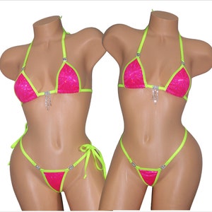 Micro Bikini w/RHINESTONESChoice of G-String Fuchsia Shattered Glass Holographic with Neon Green Trim-S/M image 1