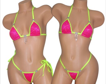 Micro Bikini w/RHINESTONES!-Choice of G-String- Fuchsia Shattered Glass Holographic with Neon Green Trim-S/M