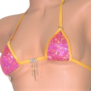 Mini Micro Bikini Choice of G-String Berry Shattered Glass Holographic trimmed in Gold with a Rhinestone S/M image 1