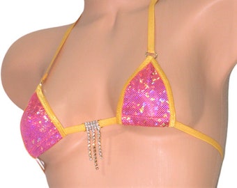 Mini Micro Bikini- Choice of G-String- Berry Shattered Glass Holographic trimmed in Gold with a Rhinestone  S/M