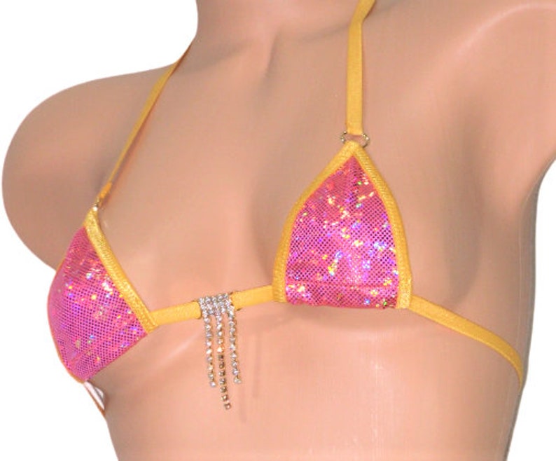 Mini Micro Bikini Choice of G-String Berry Shattered Glass Holographic trimmed in Gold with a Rhinestone S/M image 1