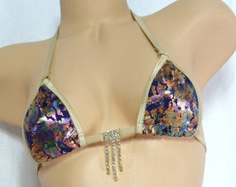 Micro G-String Bikini- Purple, Gold and Teal Iridescent trimmed in Tan- S/M