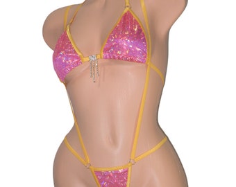 Princess Slingshot G-string Combo Bikini- Berry Shattered Glass Holographic trimmed in Gold and Rhinestone- S/M