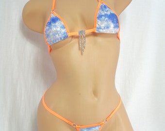 Micro G-String Bikini G-String Bottom-Nube Holográfica con Ribete Naranja Neón-S/M