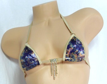 Mini Micro G-String Bikini- Purple, Gold and Teal Iridescent trimmed in Tan- S/M