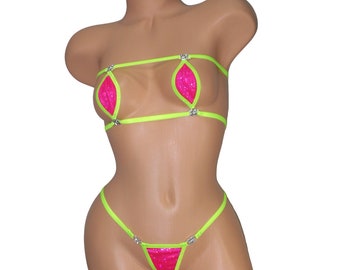 Mini Teardrop Bandeau G-String Bikini w/RHINESTONES! Fuchsia Holographic with Neon Green Trim S/M