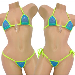 Blue Twinkle Mesh trimmed in Neon Green-Mini Micro Bikini-Choice of Bottom- S/M