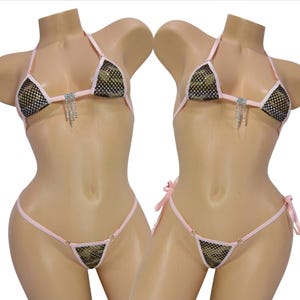 Mini Micro with Choice of G-Sting Bikini-Camo with Baby Pink Trim-Rhinestones-S/M