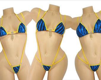 Bikini Slingshot-ELECCIÓN de parte superior e inferior- Holográfico azul con flocado de terciopelo negro y puntos brillantes-Ribete dorado- S/M