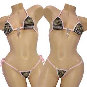 Micro with Choice of G-Sting Bikini-Camo with Baby Pink Trim-Rhinestones-S/M