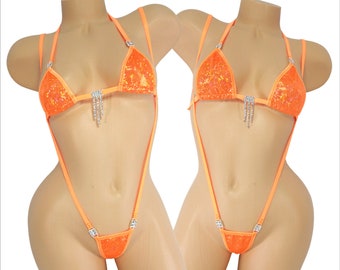 Slingshot Bikini w/RHINESTONES! CHOICE of Top- Orange Holographic with Orange Trim s/m