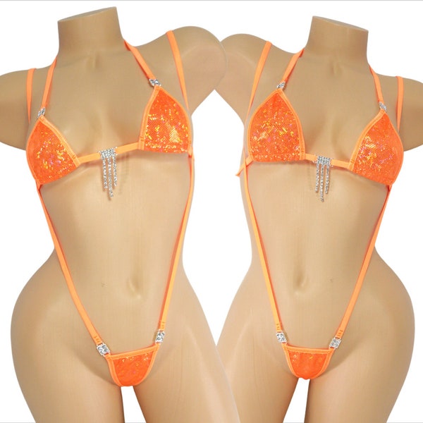 Slingshot Bikini w/RHINESTONES! CHOICE of Top- Orange Holographic with Orange Trim s/m