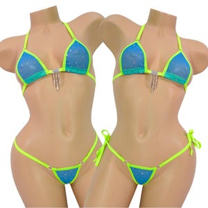 Blue Twinkle Mesh trimmed in Neon Green -Micro Bikini-Choice of Bottom- S/M