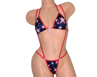 Princess Slingshot G-String Combo-Red and White Stars on Navy with Red Trim and a Rhinestone
