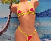Mini Micro Peak a Boo Bikini with G-string- Fuchsia with Metallic Foil Dots trimmed in Neon Yellow S M