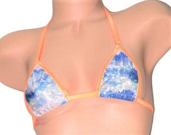 Micro G-String Bikini- Shattered Glass Holographic Clouds with Neon Orange Trim   S/M
