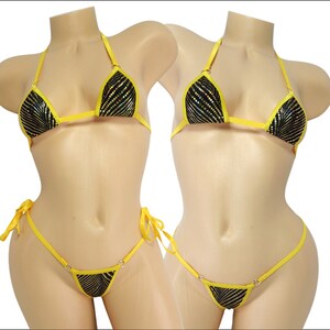 Mini Micro Bikini-CHOICE of G-String-Gold Foil Dots on Black and Trimmed in Gold S/M