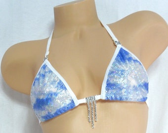 Princess Bikini with RHINESTONES! G-String Bottom-Cloud Holographic with White Trim-S/M