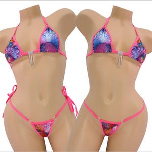 Multi-Colored Sci-fi Coral Inspired Print trimmed in Pink-Micro Bikini- With Choice of G-String Bottom- S/M