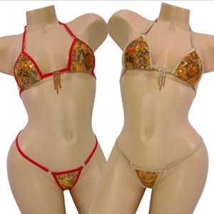 Micro G-String Bikini-Orange Holographic Snakeskin-Choice of Trim-Rhinestones-S/M