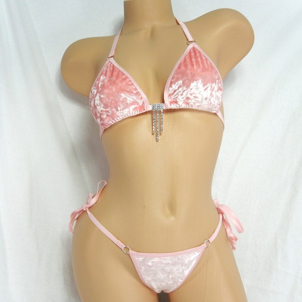 Princess Bikini w/ Extended Triangle Back Thong-Baby Pink Crushed Velvet-Baby Pink Trim